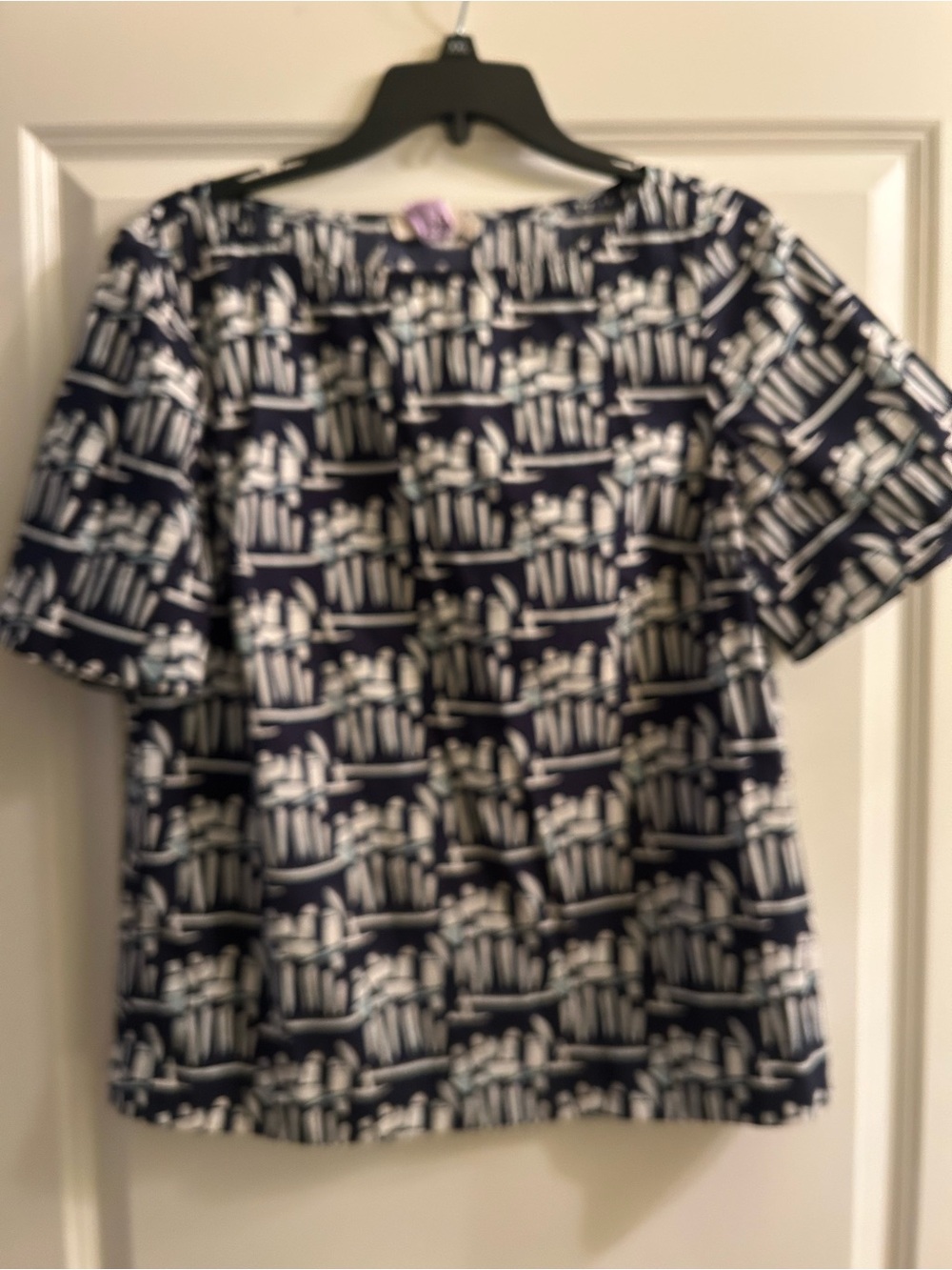 Tory Burch Navy and White Graphic Short-Sleeve Top